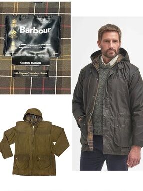 Barbour Classic Durham Wax Hooded Jacket Two Way Zip Studded Pockets Olive Green